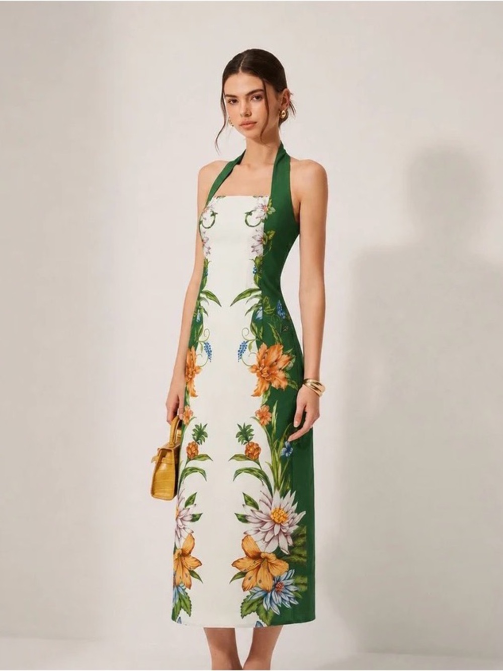 Commense Green & White Floral Halter Midi Dress
